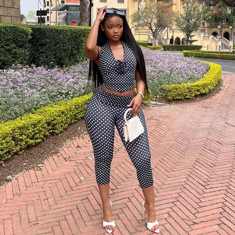 Polka Dot Print Halter Neck Crop Top And Floral Accent Two Piece Set
