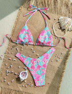 Petal Pink Print Two Piece Halter Bikini Set With Pendant Detail