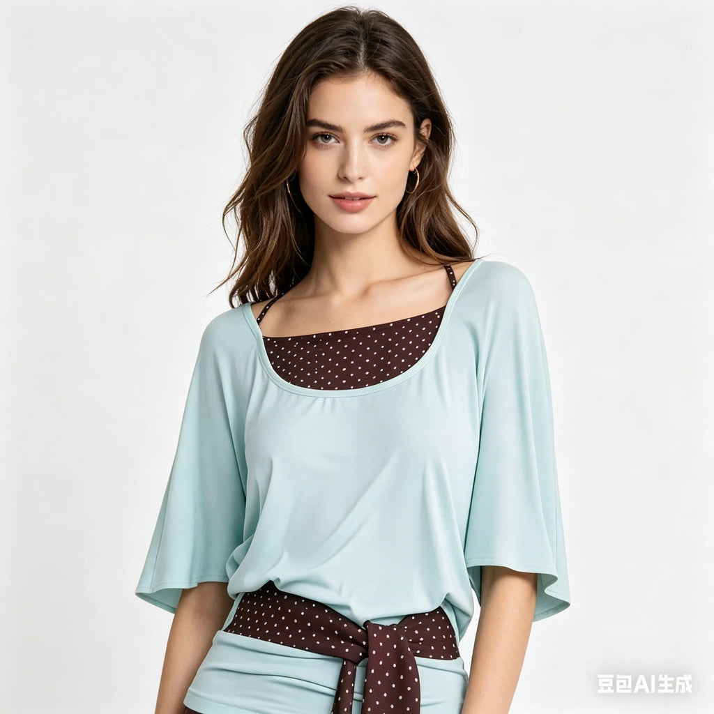 Mint Green Layered T Shirt With Polka Dot Overlay Three Quarter Sleeves