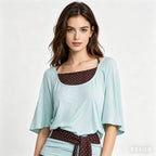 Mint Green Layered T Shirt With Polka Dot Overlay Three Quarter Sleeves