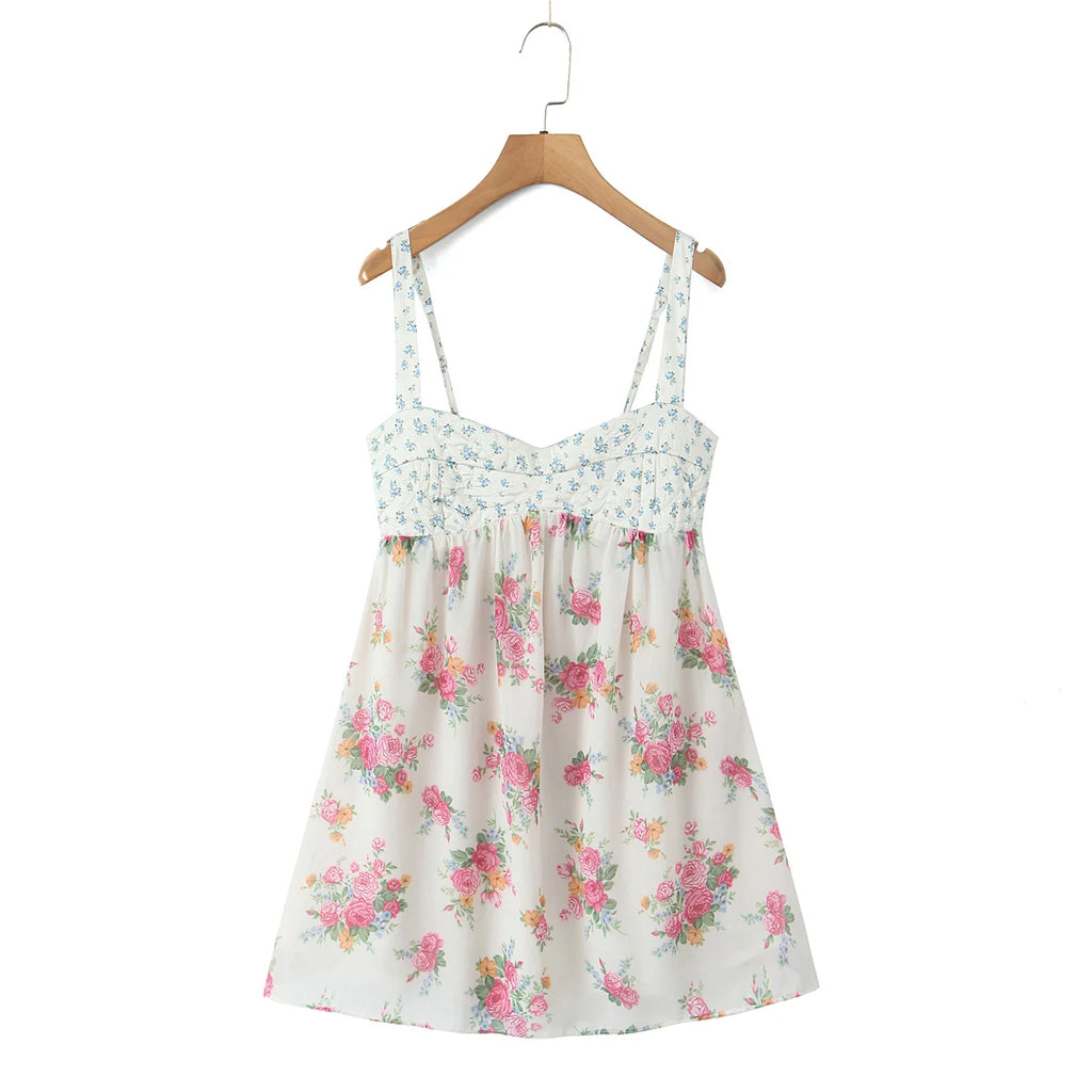 Contrast Color Floral Print Sling Mini V neck Spliced Chest Push Up Back Backless Short Dress