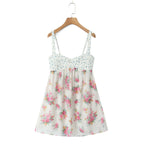 Contrast Color Floral Print Sling Mini V neck Spliced Chest Push Up Back Backless Short Dress