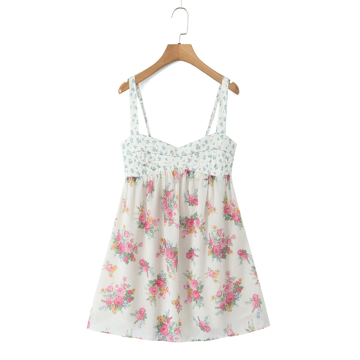 Contrast Color Floral Print Sling Mini V neck Spliced Chest Push Up Back Backless Short Dress