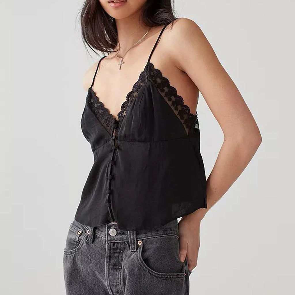 Dreamy V Neck Lace Trim Spaghetti Tank Top With Backless