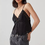Dreamy V Neck Lace Trim Spaghetti Tank Top With Backless