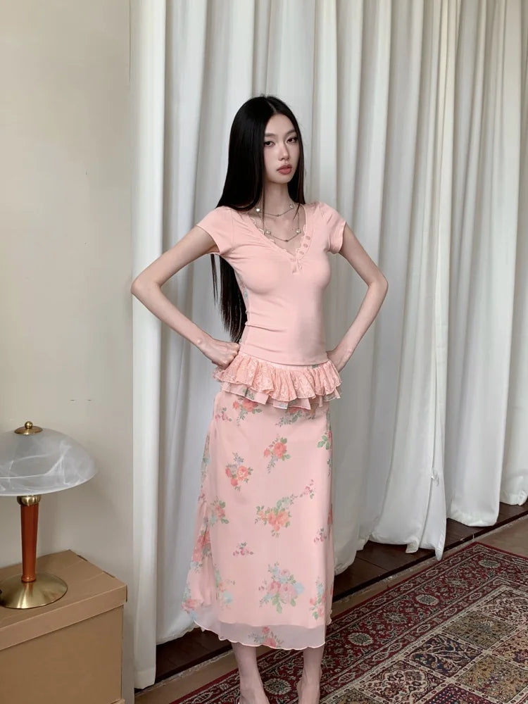 Floral Lace Peplum Midi Skirt