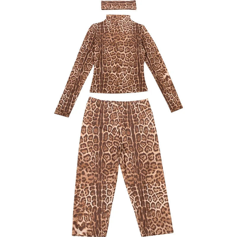 Leopard Print Mock Neck Tracksuit With Slim Capri Pants