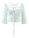 Floral Corset Style Crop Top With Cross Lacing And Ruffle Square Collar Three Quarter Sleeve