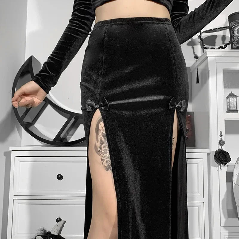 Punk High Waist Skirt With Bow Side Split Knee Length