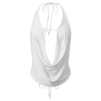 Silky Satin Halter Crop Top With Cowl Neck Backless