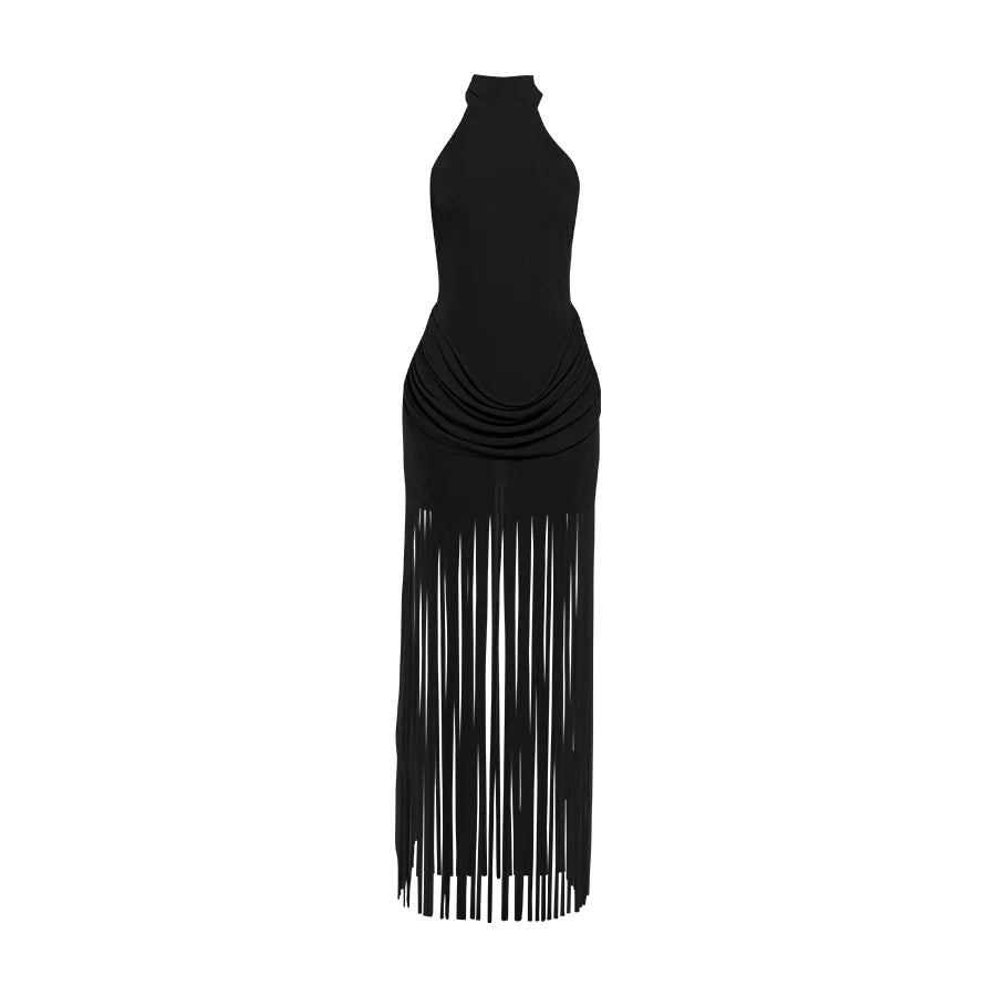 Velvet Halter Turtleneck Backless Mini Dress With Ruched Patchwork Tassel Hem