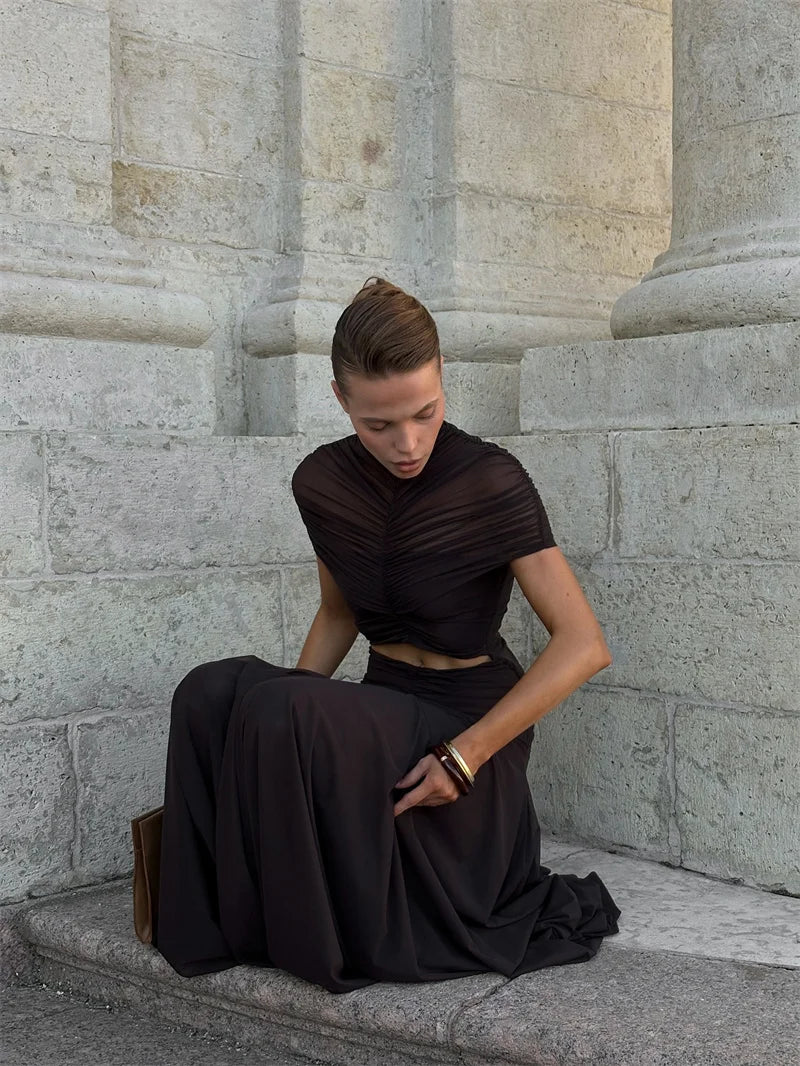 Hollow Out Short Sleeve Ruched O Neck Maxi Dress