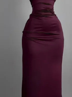 Red Slit Maxi Dress With Figure Flattering Silhouette Waist Cinch Elegant Length And Sophisticated Charm