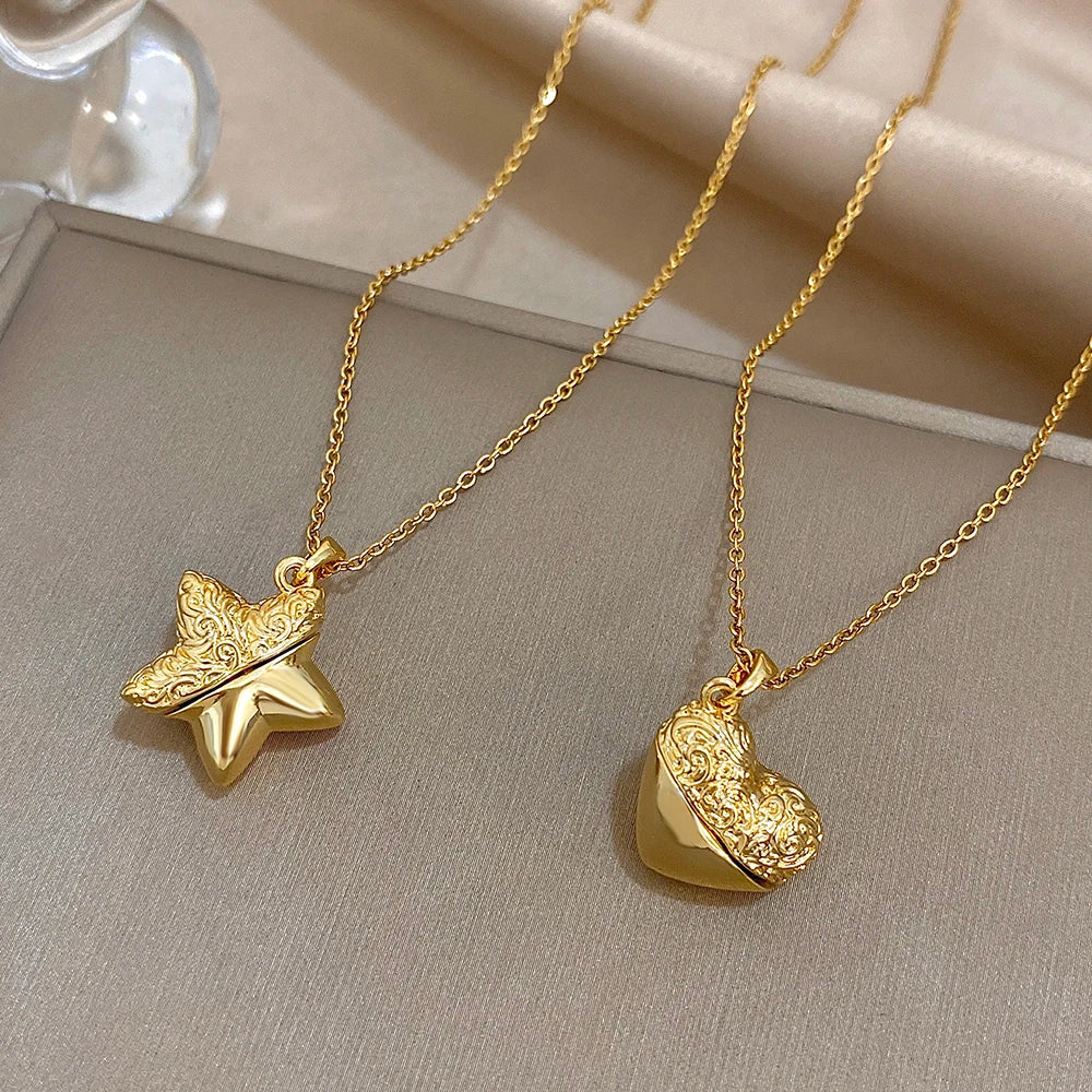 Openable Star And Heart Zircon Necklace In Stainless Steel Romantic Womens Jewelry