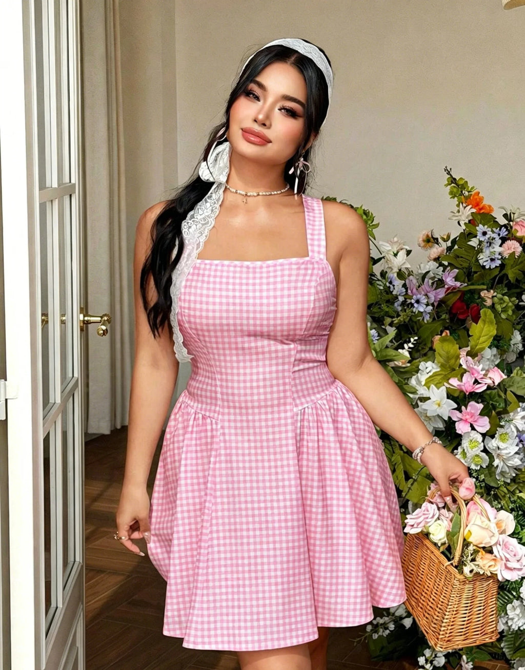 Plus Size Plaid Spaghetti Strap Mini Dress With Elegant Waist Cinching
