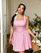 Plus Size Plaid Spaghetti Strap Mini Dress With Elegant Waist Cinching