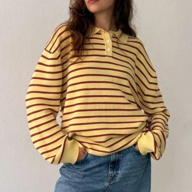 Vintage Rib Knitted Striped Collared Sweater Loose Long Sleeve Pullover Knit Top