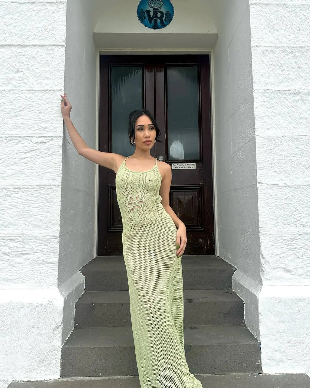 Floral Knit Strap Maxi Dress Backless Beach Cover Up For Summer Vacation And Resort Style