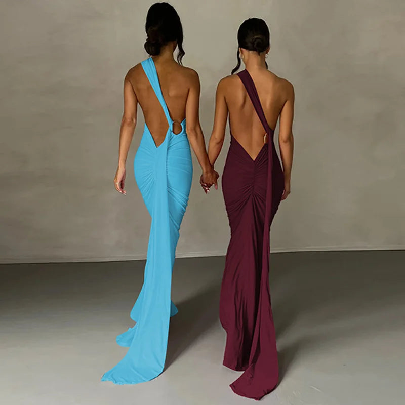 One Shoulder Backless Ruched Slim Long Dress