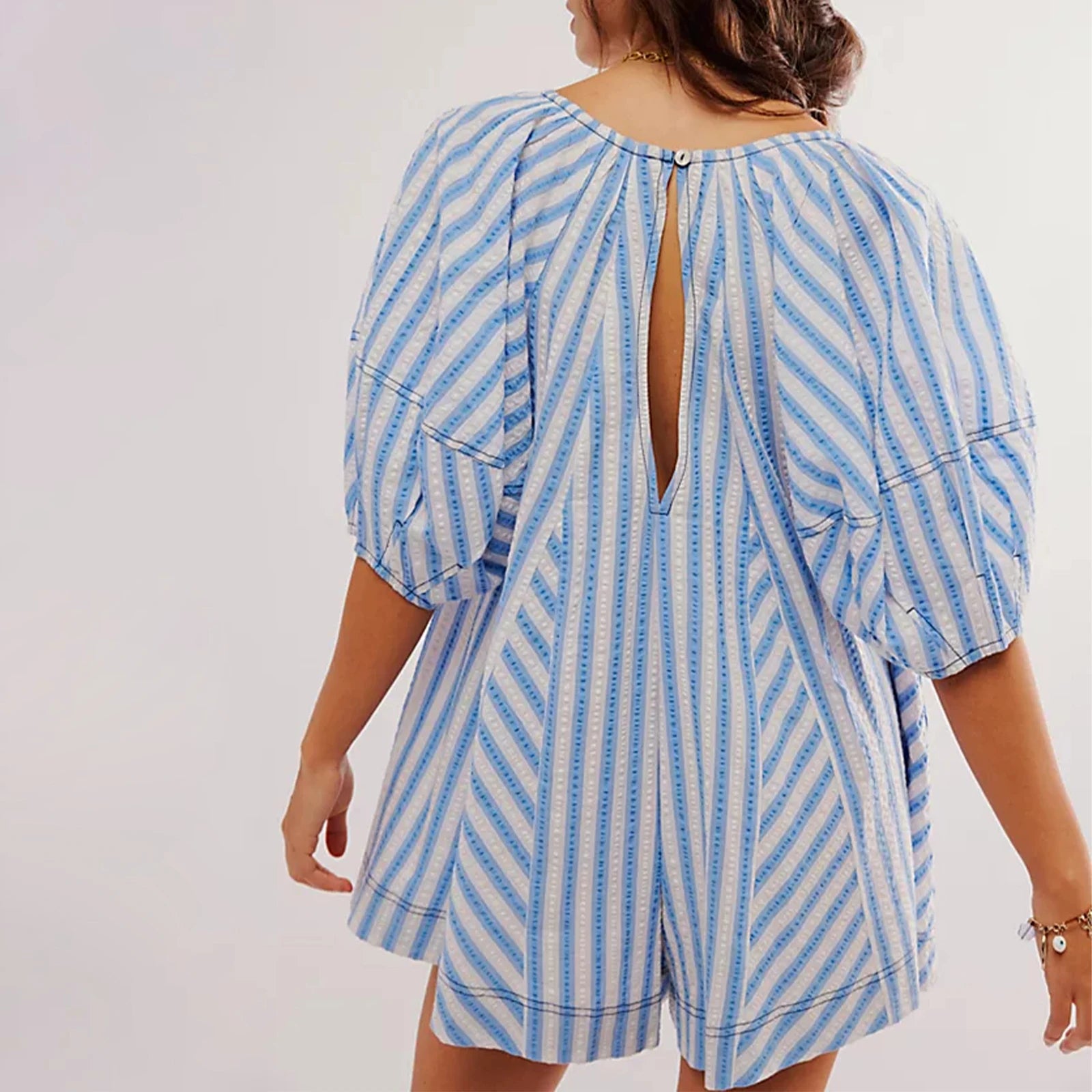 Y2k Rompers Sexy Loose Puff Sleeve V Neck Striped Jumpsuits Shorts Overalls Dress