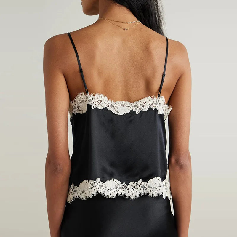 Lace Patchwork Two-piece Set With V-Neck Sling Top And Long Skirt