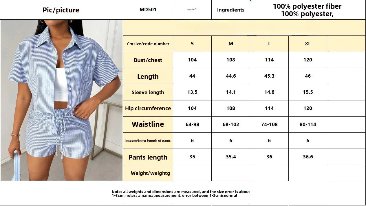 Striped Lapel Shirt And Shorts Two Piece Set