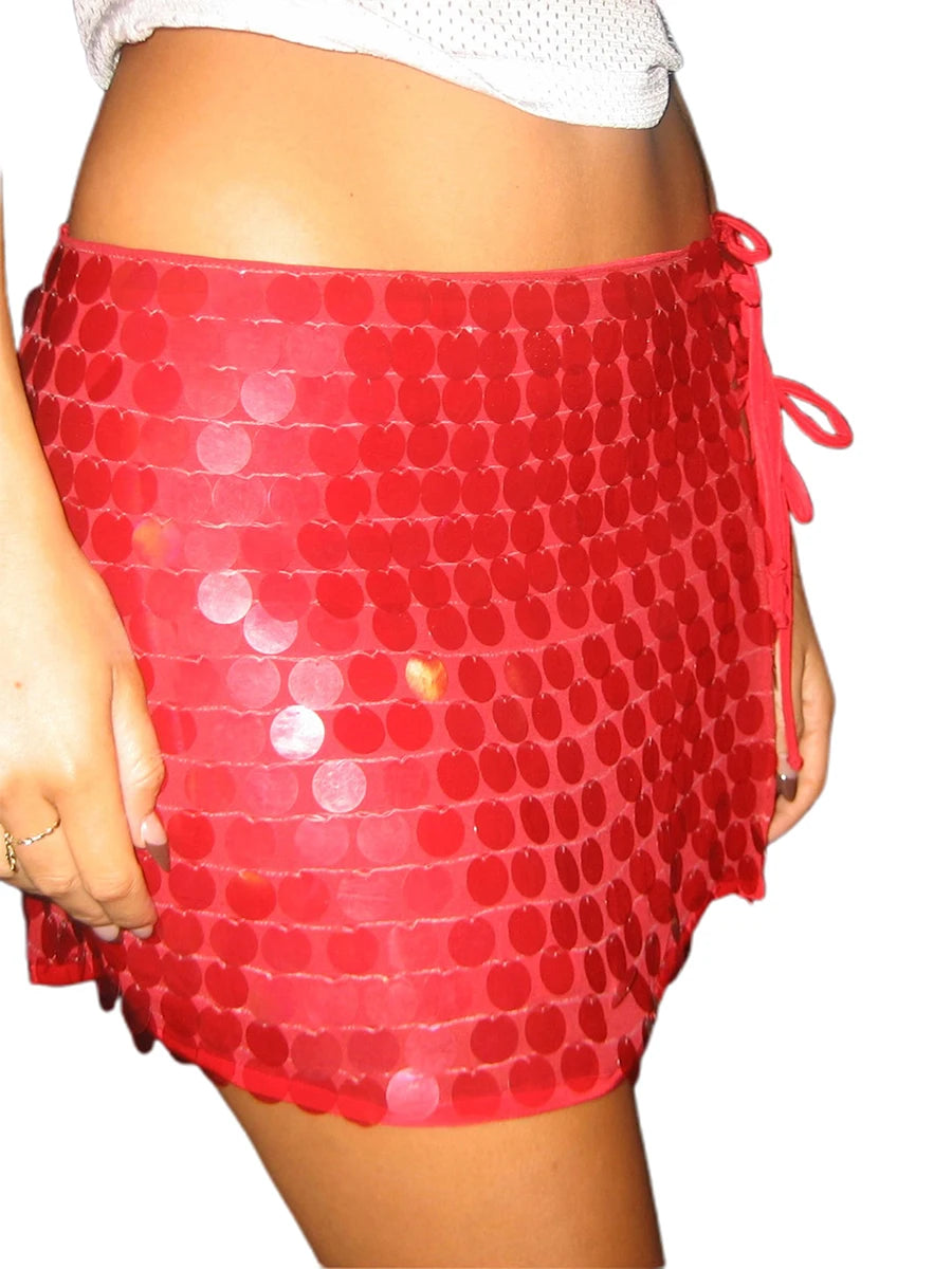 Sequin Side Split Mini Skirt With High Waist And Lace Up Detail