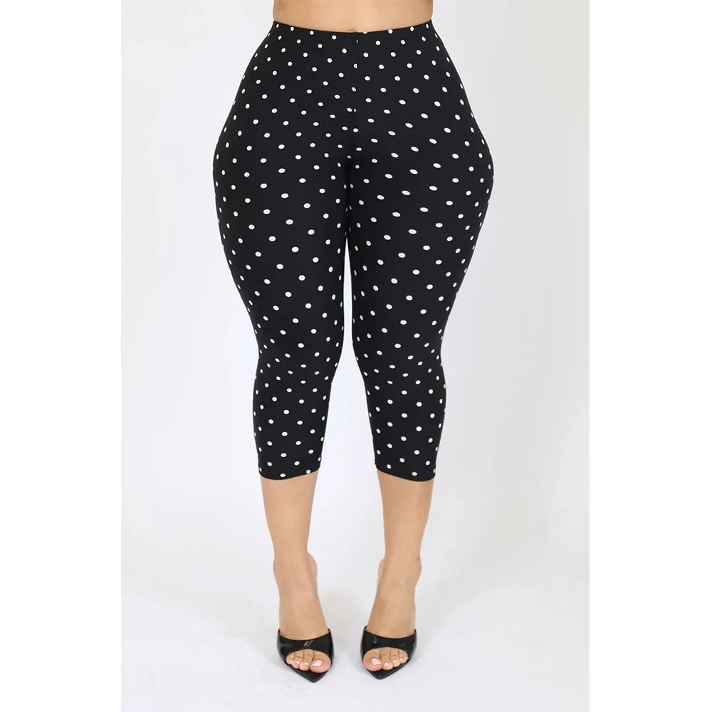 Retro Dot Print Capri Pants With Elastic Waist Cropped Stretch Fit
