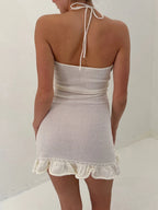 Coquette Flower Trim Bodycon Dress With Halter Tie Up Backless Sleeveless Ruffled Hem Mini