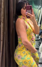 Floral Backless Halter Neck two piece Crop Top And Capris Set