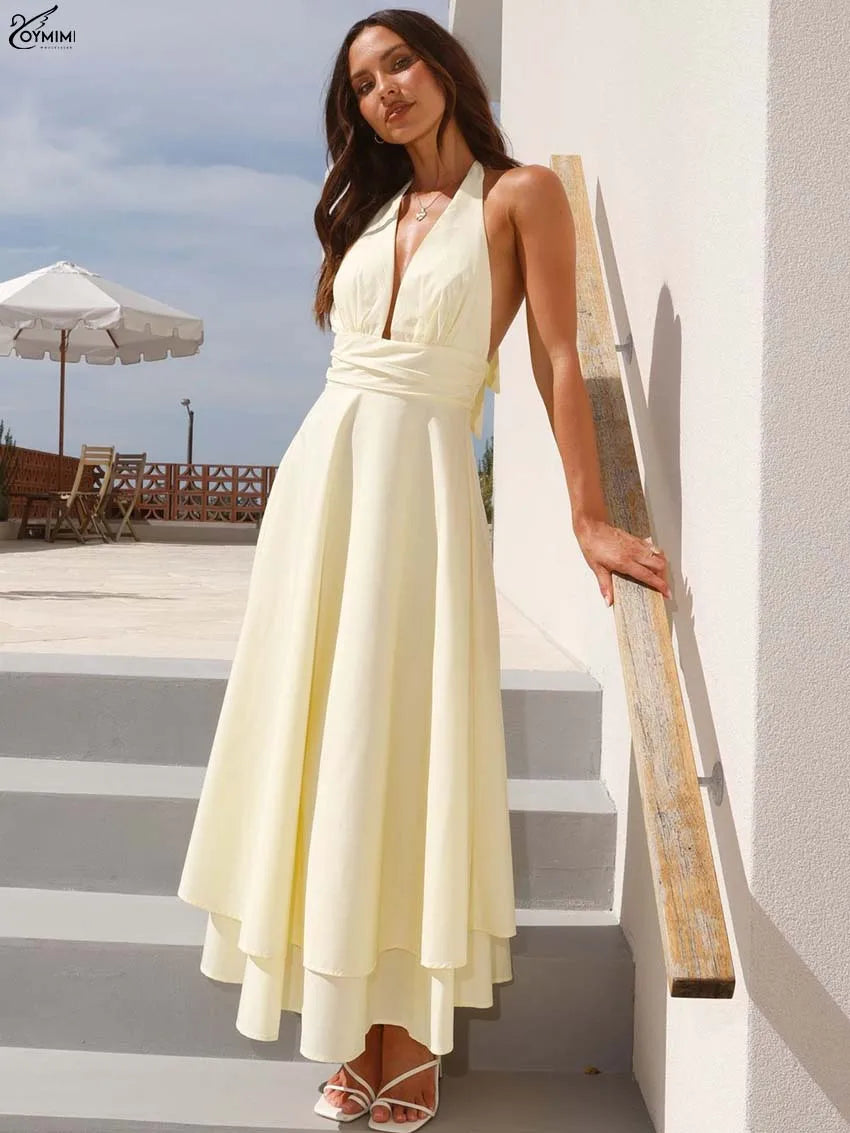 Sunny Yellow Halter Neck Dress With Open Back And Lace Up Detail High Waist Pleated Ankle Length