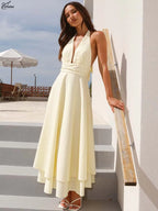 Sunny Yellow Halter Neck Dress With Open Back And Lace Up Detail High Waist Pleated Ankle Length