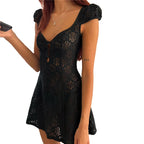 Sheer Lace Mini Dress With V Neck Short Sleeves Hollow Details