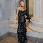 Elegant Polka Dot Halter Sleeveless Maxi Dress With Pleated Skirt And Ribbon Scarf