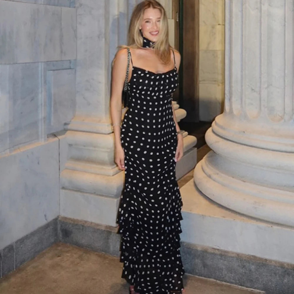 Elegant Polka Dot Halter Sleeveless Maxi Dress With Pleated Skirt And Ribbon Scarf