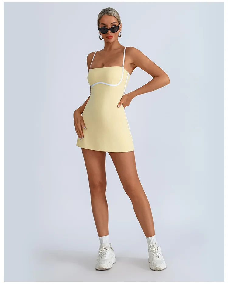 Women's Tennis Sleeveless Contrast Workout Yoga Build in Shorts Fashion Tight Fitting Skirts Suit