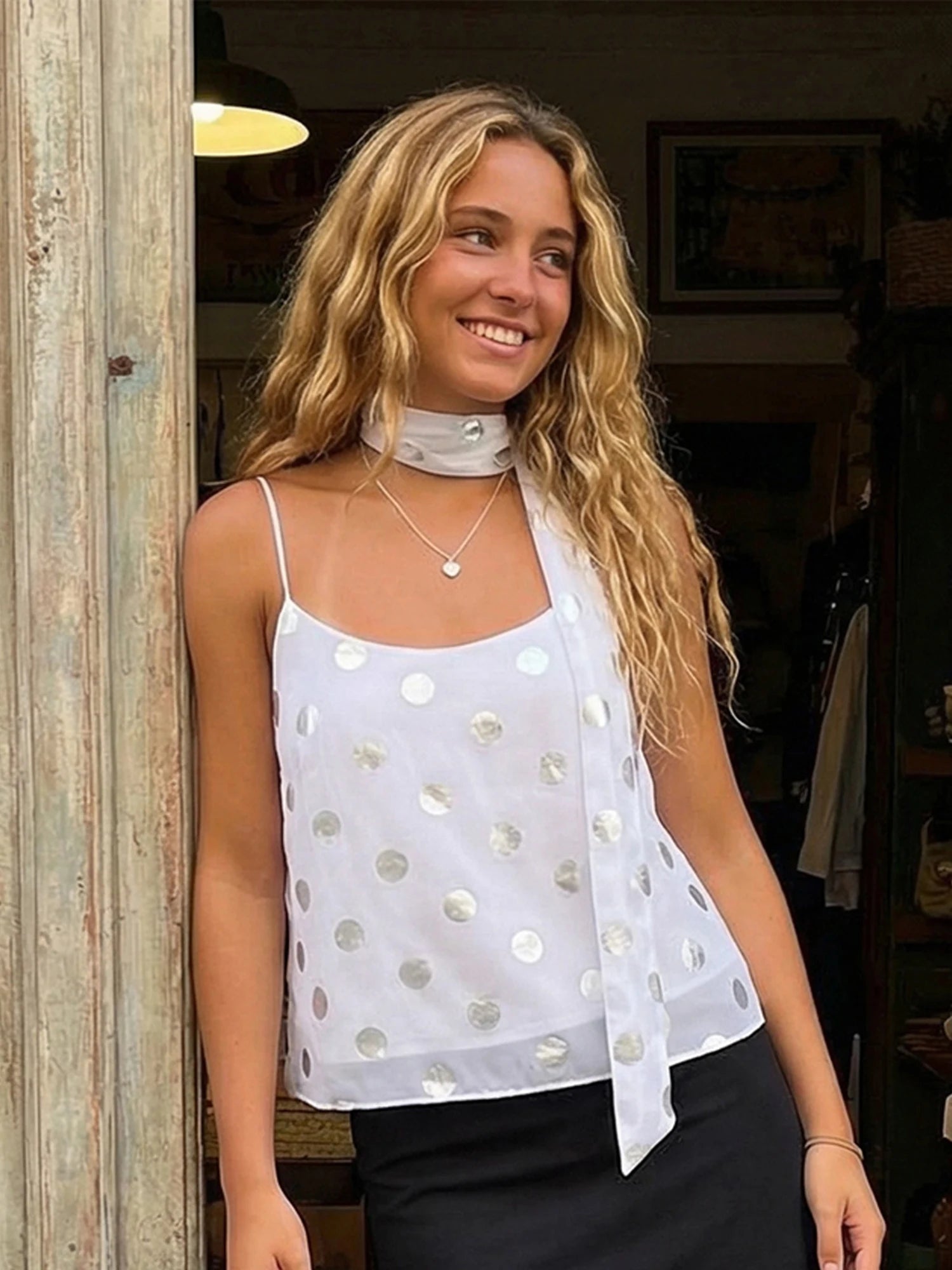 Shiny Sequins Polka Dot Camisole Backless Round Neck Top With Scarf