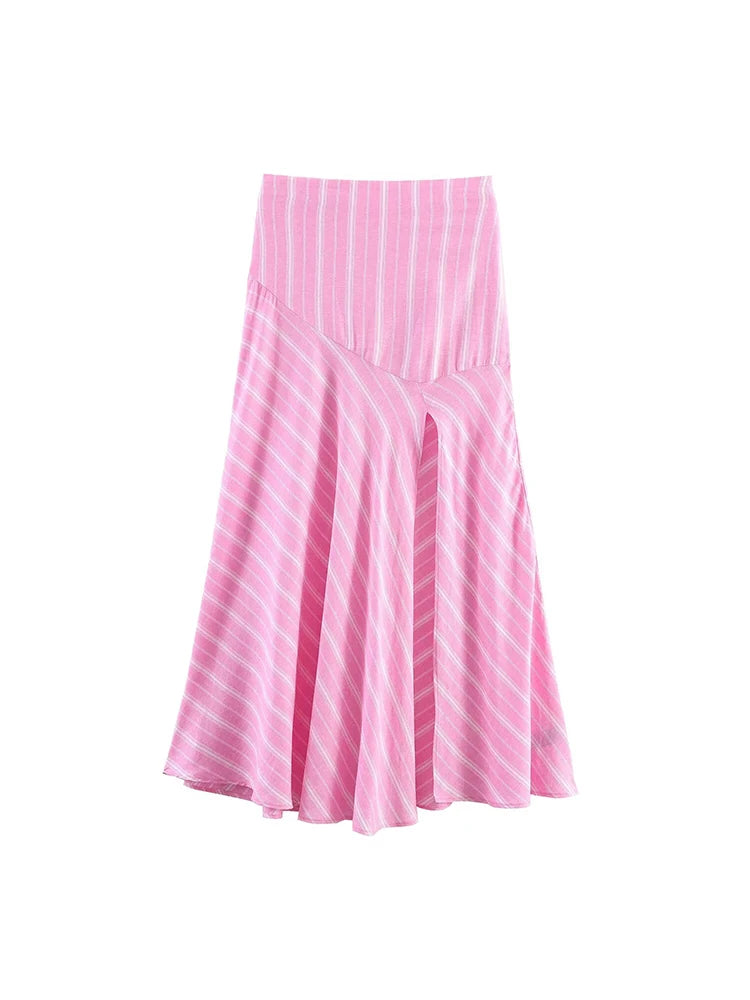 Pink Stripe Shirt Set With Pleated Long Skirt Elegant Two Piece Suit