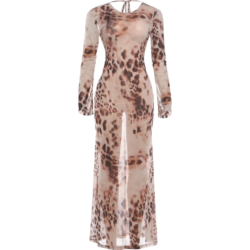 Leopard Print See Through Maxi Dress With O Neck Long Sleeves Backless Cross Bandage Detail