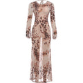 Leopard Print See Through Maxi Dress With O Neck Long Sleeves Backless Cross Bandage Detail
