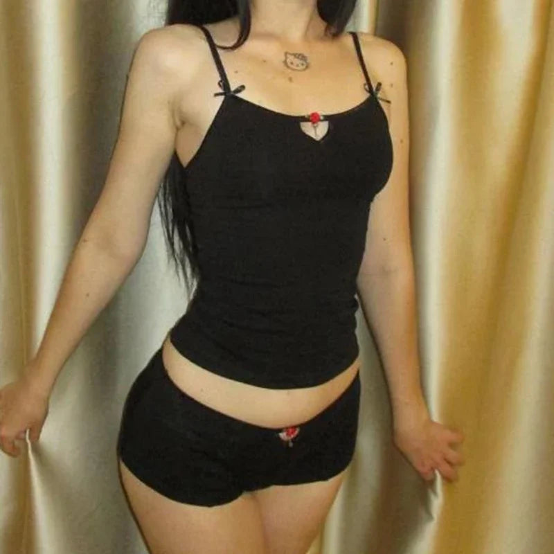 Vintage Cute Women 2 Piece Set Spaghetti Strap Camis Crop Tops + Shorts Pajamas Loungewear Fairy Coquette Y2K Outfits