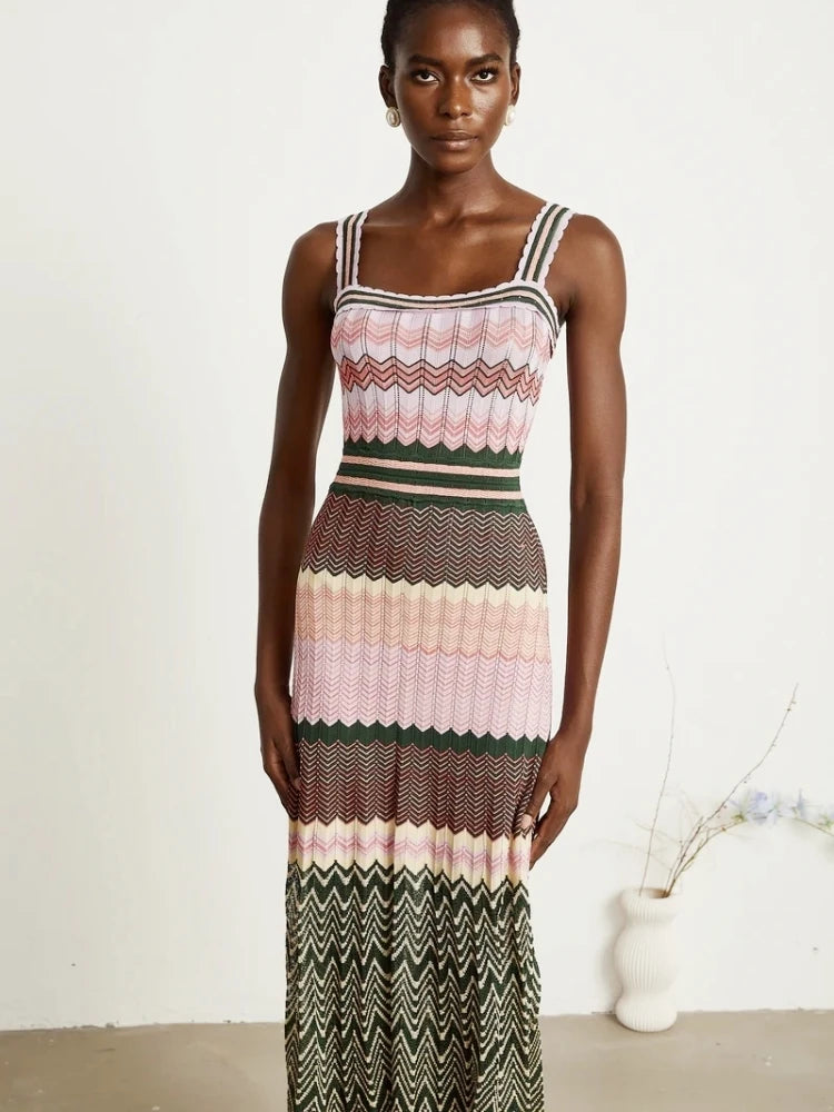 Boho Knitted Zigzag Maxi Dress For Women Sleeveless High Elasticity Long Festival Style