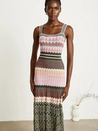 Boho Knitted Zigzag Maxi Dress For Women Sleeveless High Elasticity Long Festival Style