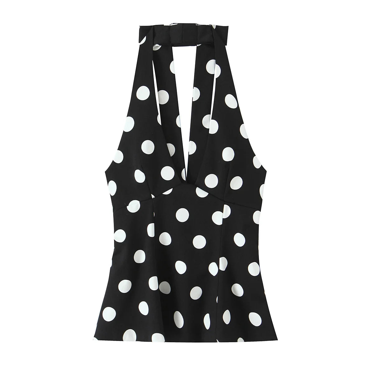 Women Fashion Sleeveless Backless Sexy Black Polka Dot Bow Neck Halter Top