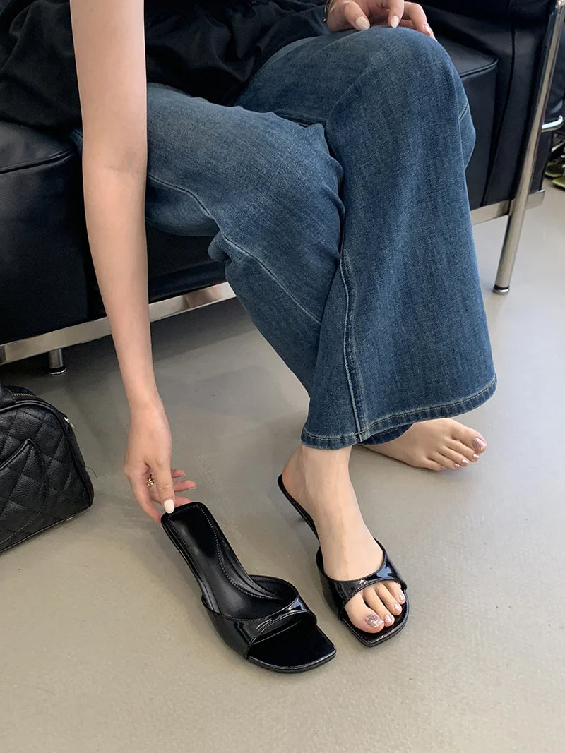 Leather Gladiator Sandals With Square Toe Low Heel