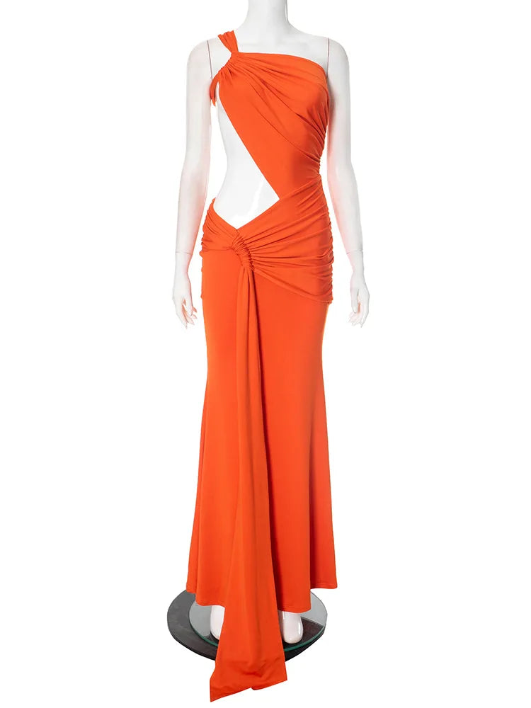 One Shoulder Backless Hollow Dress With Irregular Pleats And Tassel Patchwork