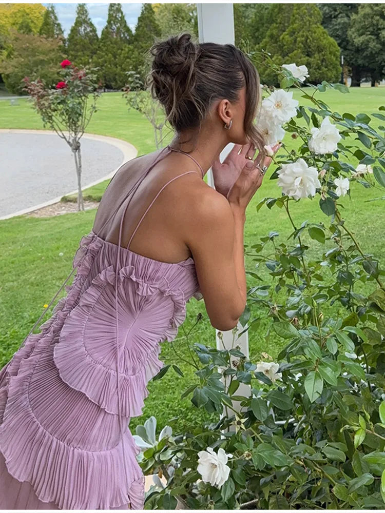 Halter Gown In Chiffon With Backless Ruffles