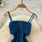 Denim Inspired Two Piece Set Strapless Top And High Waist Wide Leg Pants With Zipper