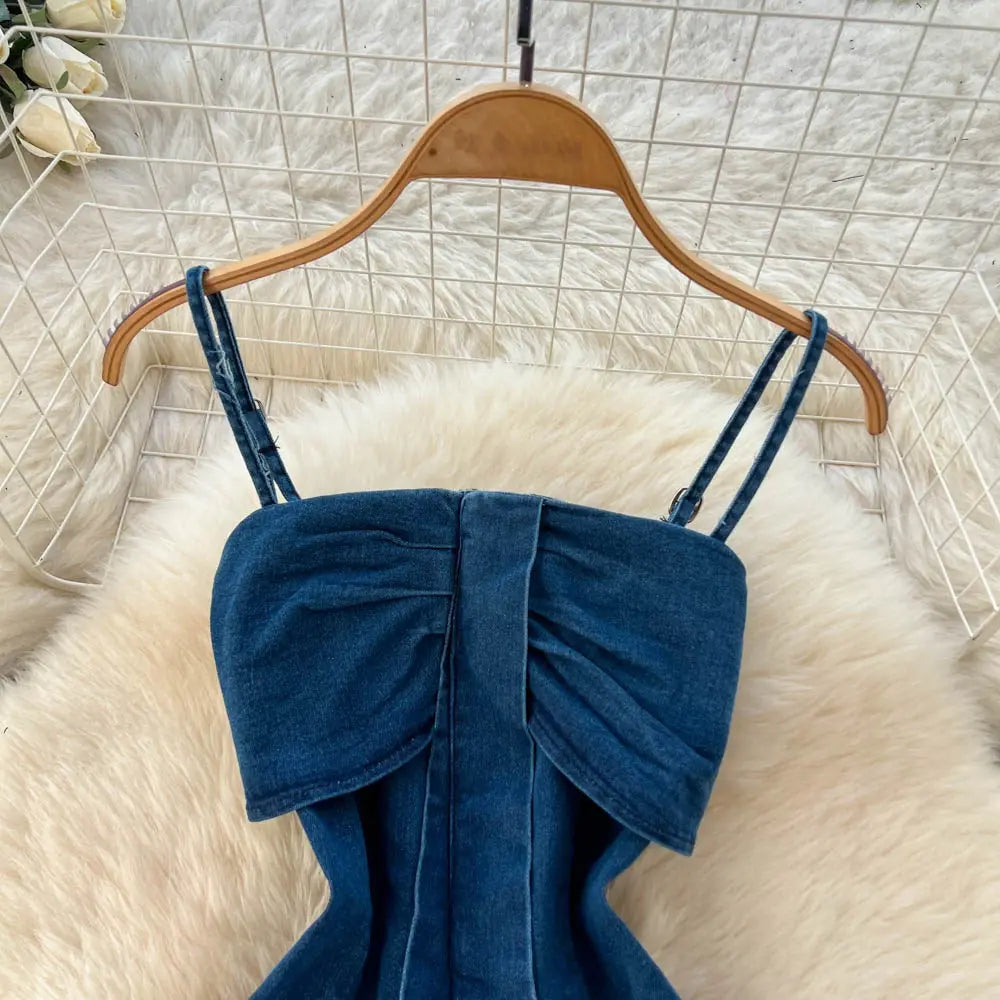 Denim Inspired Two Piece Set Strapless Top And High Waist Wide Leg Pants With Zipper