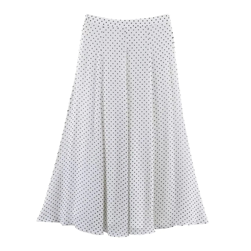 Vintage Polka Dot Chiffon Set With Bow Tie Blouse And Long Skirt